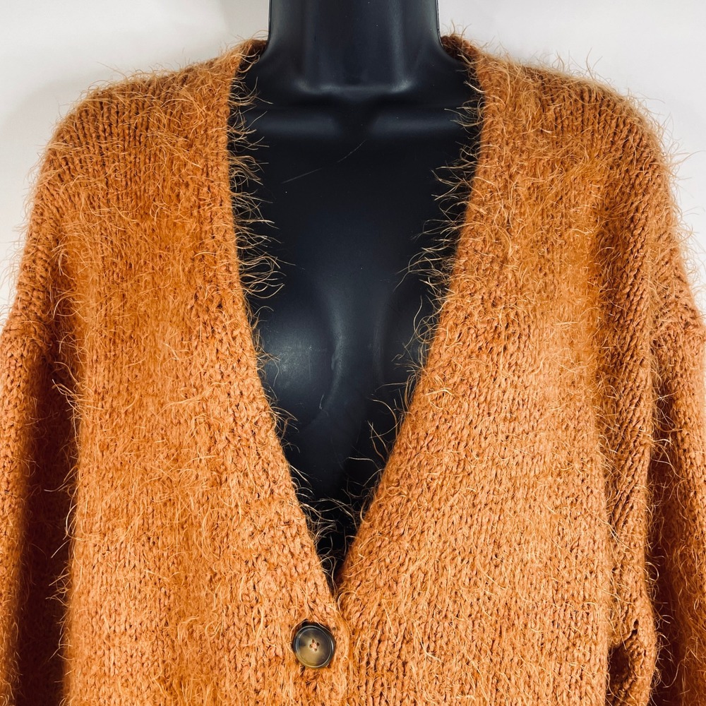 Free People Nevermind Sm Orange Shaggy Knit Button Front Sweater Oversized READ - Picture 11 of 16